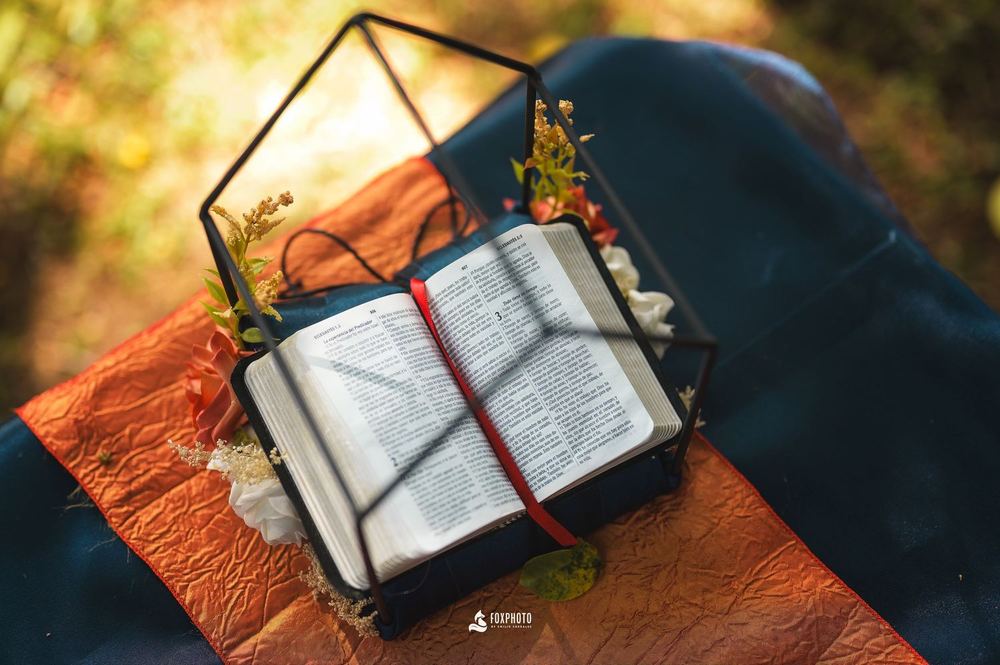 Biblia y anillos en un estuche de vidrio